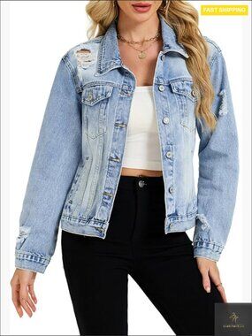 Distressed Denim Jacket Fitted Chic Casual Ripped Shacket Trendy Spring Wear